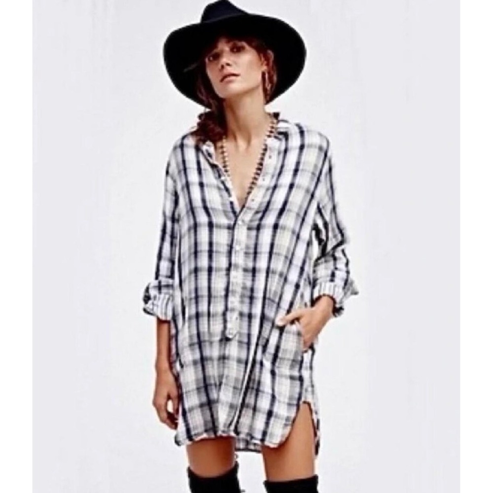 CP Shade Free People Womens Cotton Plaid Tunic Shirt Dress XS Blue Coastal